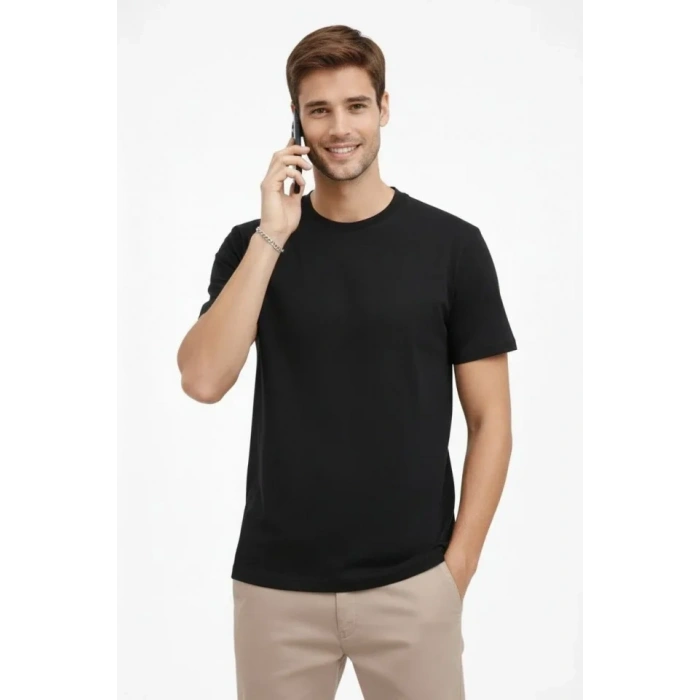 Erkek Bisiklet Yaka Tişört Regular Kalıp Basic Pamuklu Günlük Kullanım Tshirt  iyah