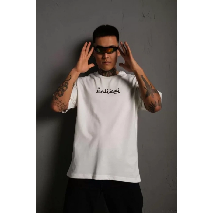 Erkek Bisiklet Yakalı ırt Baskılı Oversize Thirt  Beyaz