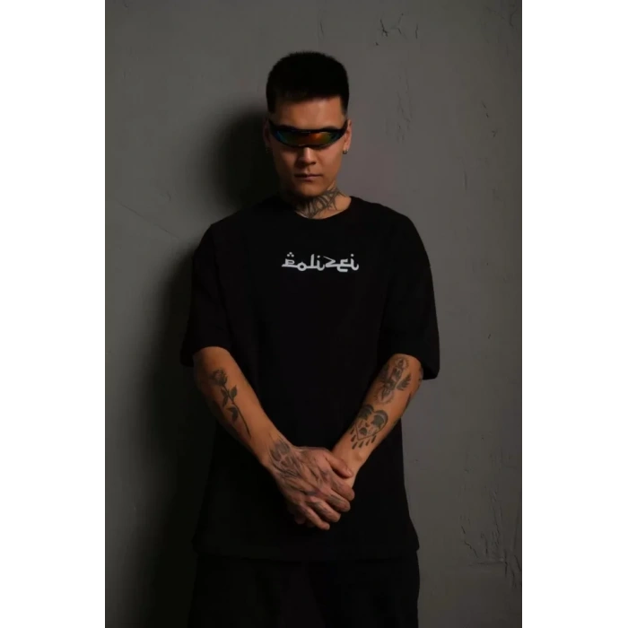 Erkek Bisiklet Yakalı ırt Baskılı Oversize Thirt  iyah