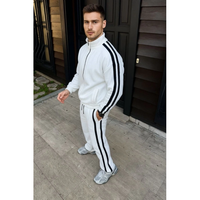 Erkek Çift Şeritli Eşofman Takım Dik Yaka Fermuarlı weatshirt Boru Paça Alt, Oversize 3 Iplik Pamuklu  Beyaz