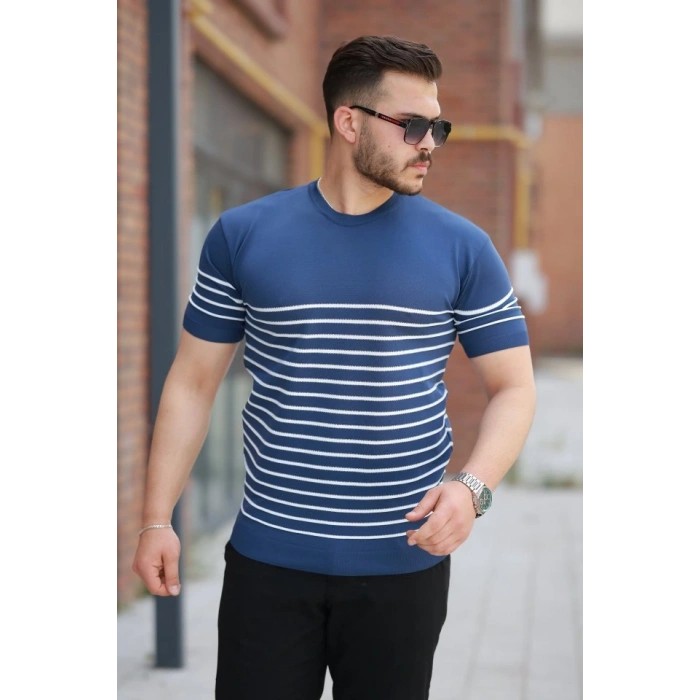 Erkek çizgi Desenli Bisiklet Yaka Kısa Kollu Tsihrt