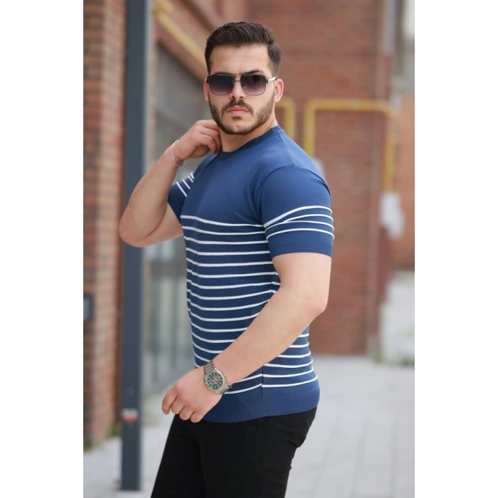 Erkek çizgi Desenli Bisiklet Yaka Kısa Kollu Tsihrt