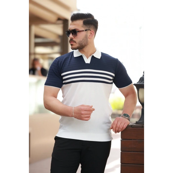 Erkek çizgi Desenli Yakalı Kısa Kollu Tshirt