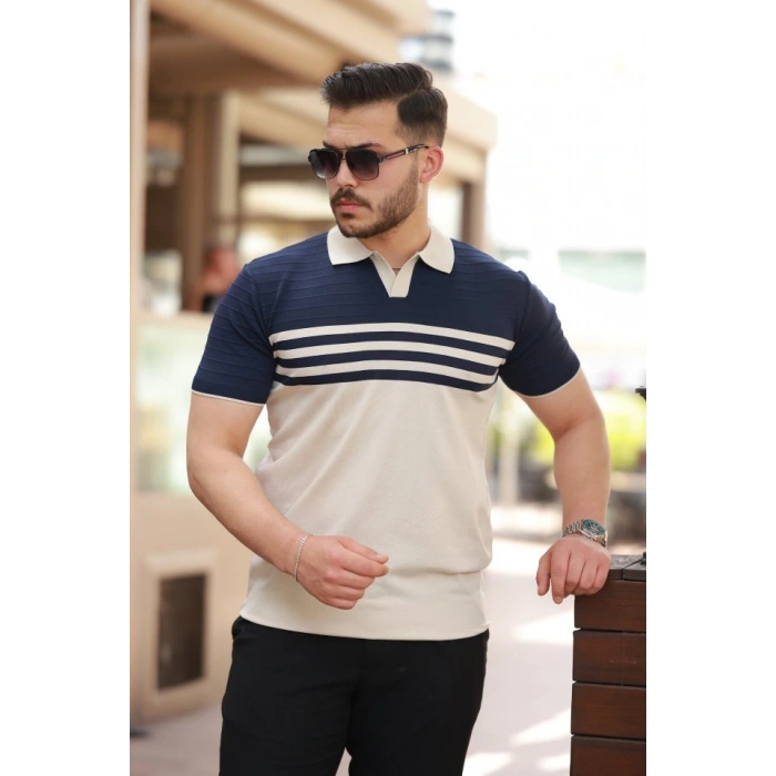 Erkek çizgi Desenli Yakalı Kısa Kollu Tshirt