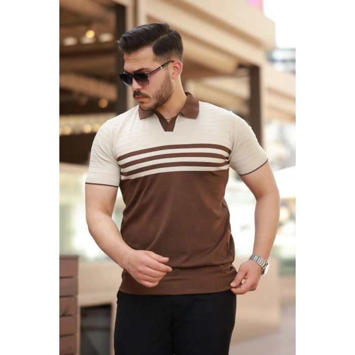 Erkek çizgi Desenli Yakalı Kısa Kollu Tshirt