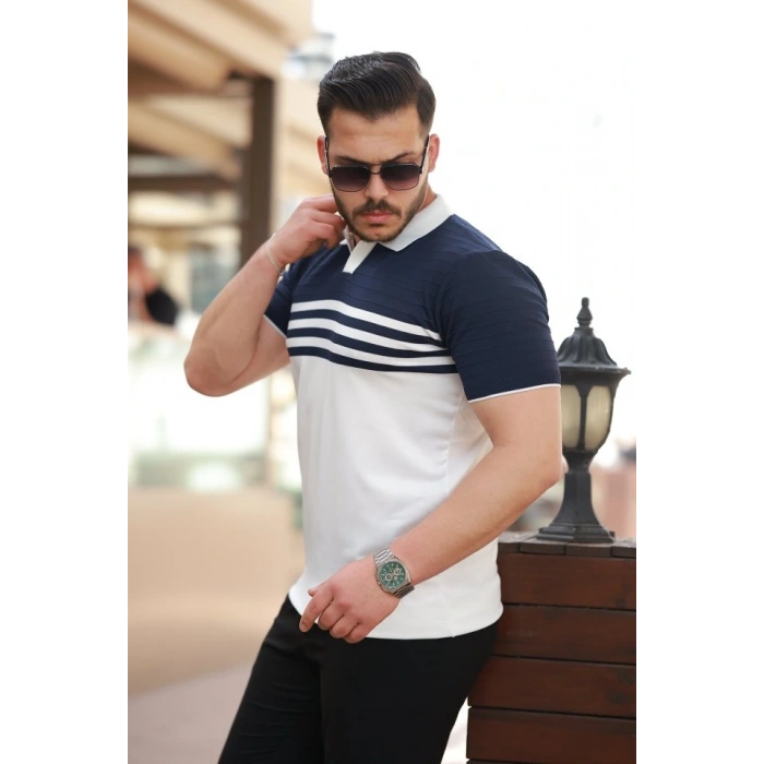 Erkek çizgi Desenli Yakalı Kısa Kollu Tshirt