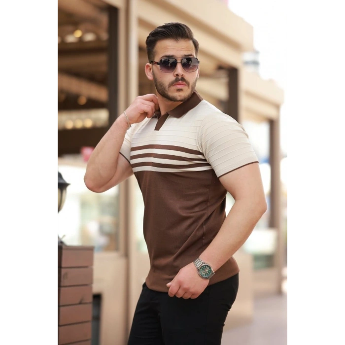 Erkek çizgi Desenli Yakalı Kısa Kollu Tshirt