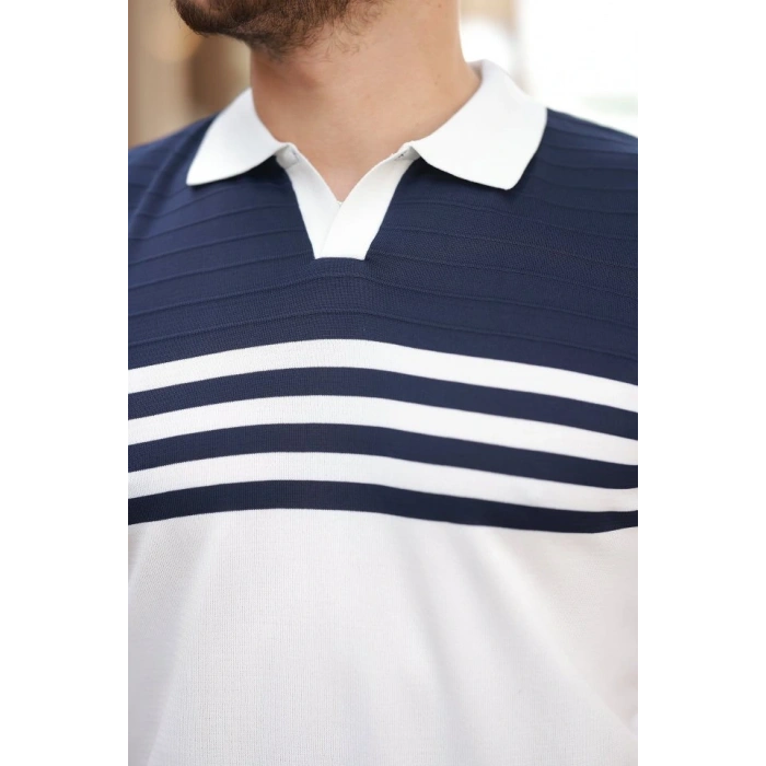 Erkek çizgi Desenli Yakalı Kısa Kollu Tshirt