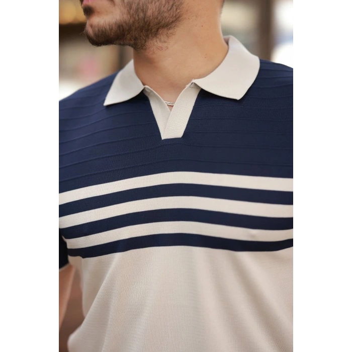 Erkek çizgi Desenli Yakalı Kısa Kollu Tshirt