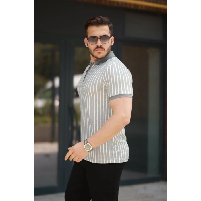 Erkek çizgili Fermuar Yakalı Kısa Kollu Tişört