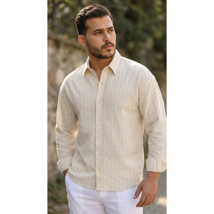 Erkek Çizgili Keten Gömlek
