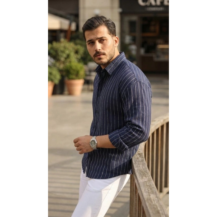Erkek Çizgili Keten Gömlek