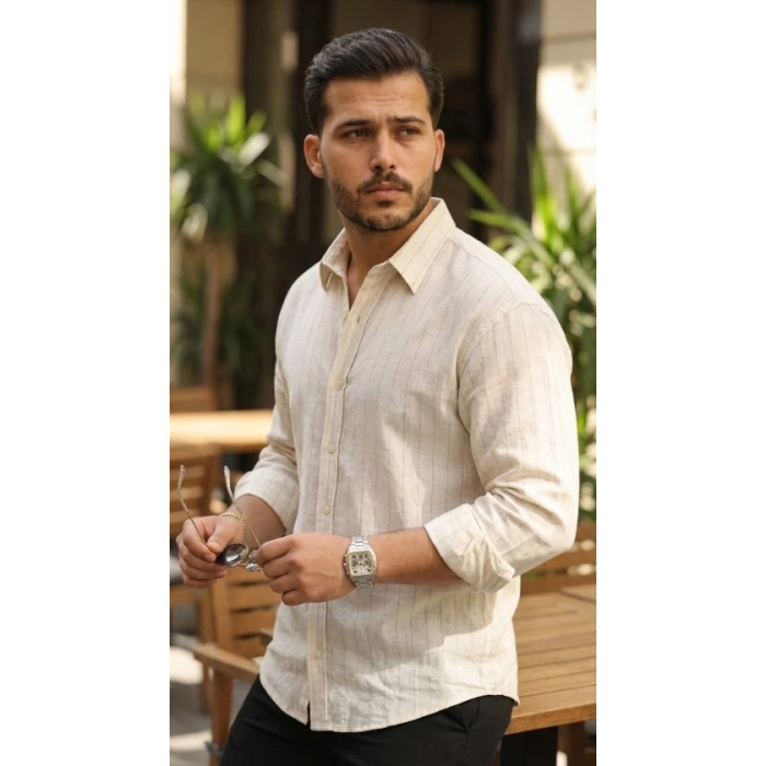 Erkek Çizgili Keten Gömlek