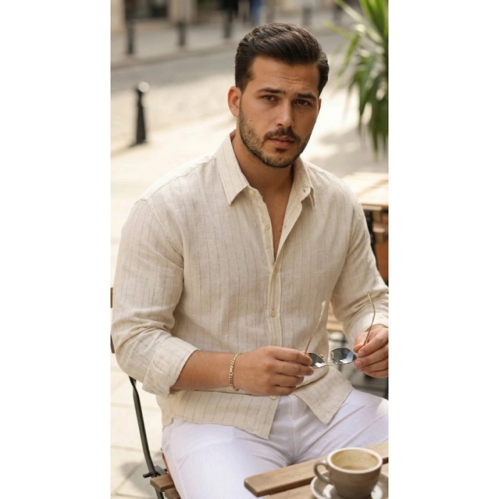 Erkek Çizgili Keten Gömlek