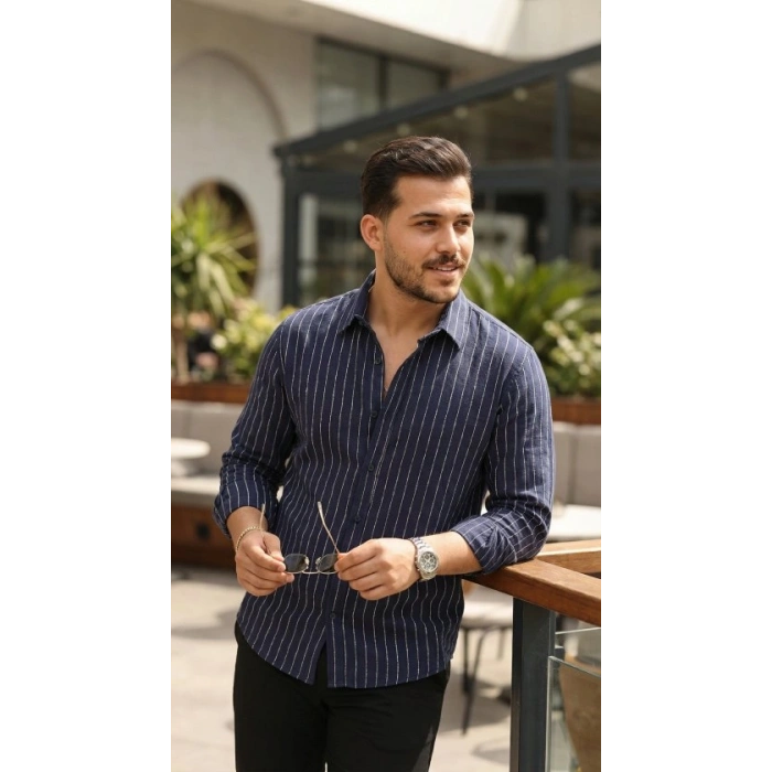 Erkek Çizgili Keten Gömlek