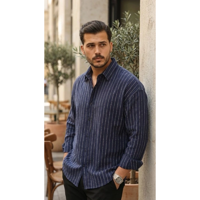 Erkek Çizgili Keten Gömlek