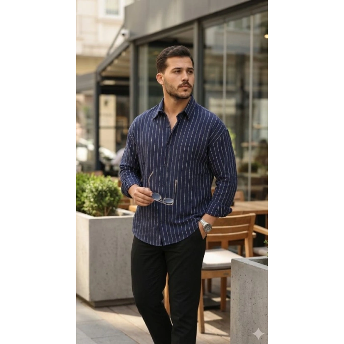 Erkek Çizgili Keten Gömlek