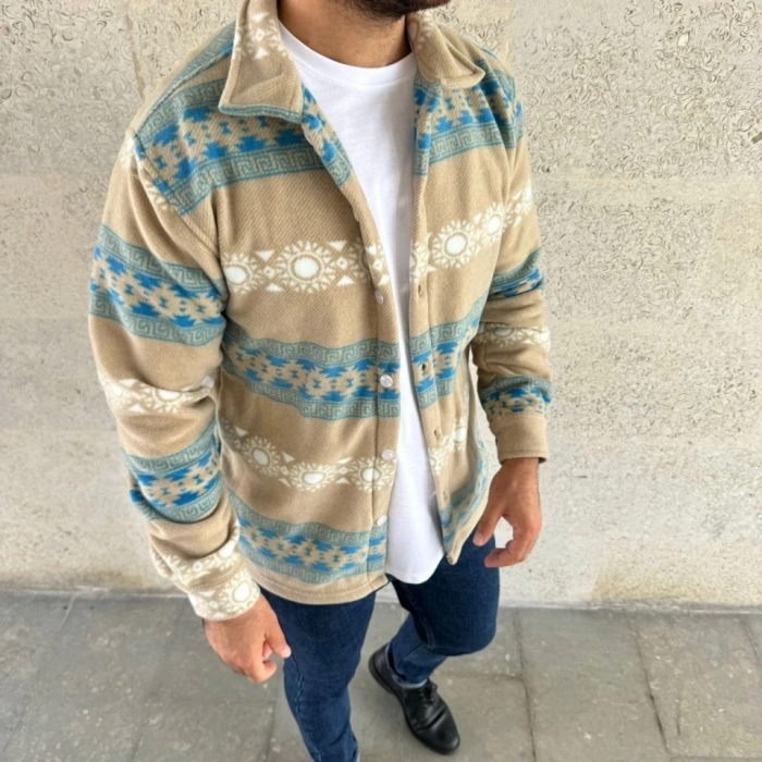 Erkek Desenli Polar Gömlek – Etnik Şerit Desen Yakalı, Uzun Kollu, Düğmeli, Oversize Rahat Kalıp  arı