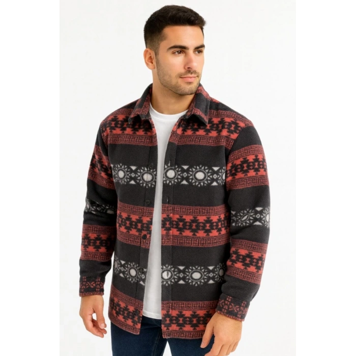 Erkek Desenli Polar Gömlek – Etnik Şerit Desen Yakalı, Uzun Kollu, Düğmeli, Oversize Rahat Kalıp  Füme