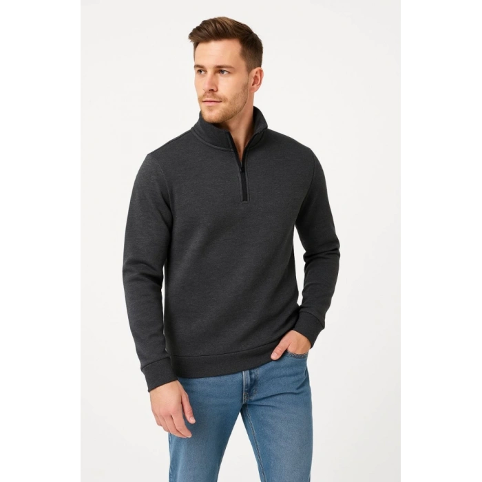 Erkek Dik Yaka weatshirt Dik Yaka Yarım Fermuarlı 3 İplik Şardonlu Pamuk Kumaş  Antrasit