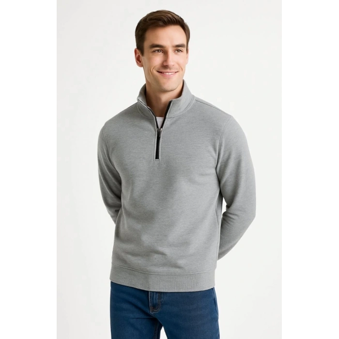 Erkek Dik Yaka weatshirt Dik Yaka Yarım Fermuarlı 3 İplik Şardonlu Pamuk Kumaş  Gri