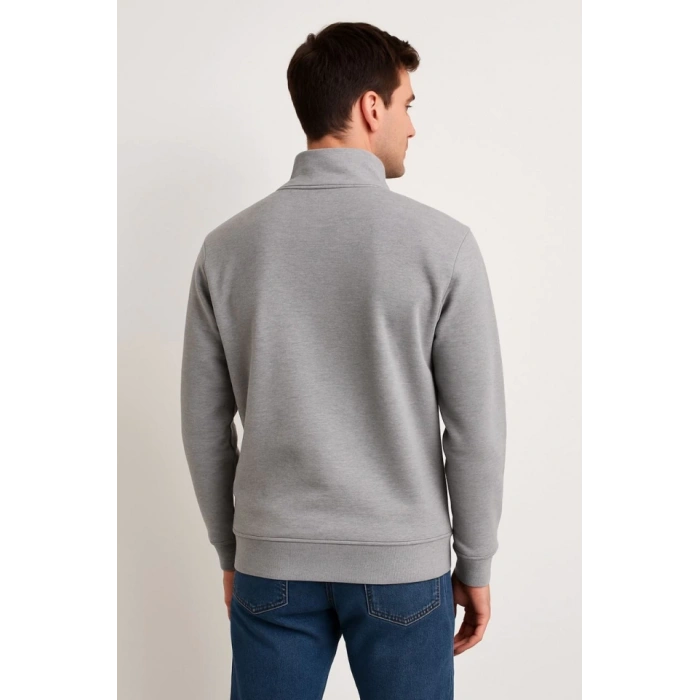 Erkek Dik Yaka weatshirt Dik Yaka Yarım Fermuarlı 3 İplik Şardonlu Pamuk Kumaş  Gri