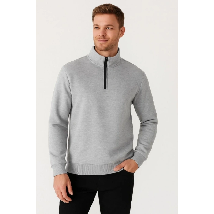 Erkek Dik Yaka weatshirt Dik Yaka Yarım Fermuarlı 3 İplik Şardonlu Pamuk Kumaş  Gri