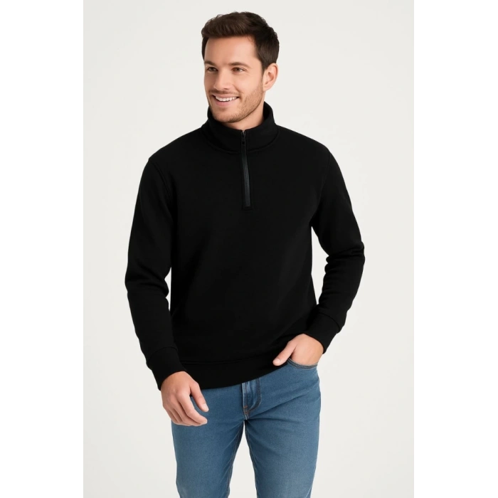 Erkek Dik Yaka weatshirt Dik Yaka Yarım Fermuarlı 3 İplik Şardonlu Pamuk Kumaş  iyah