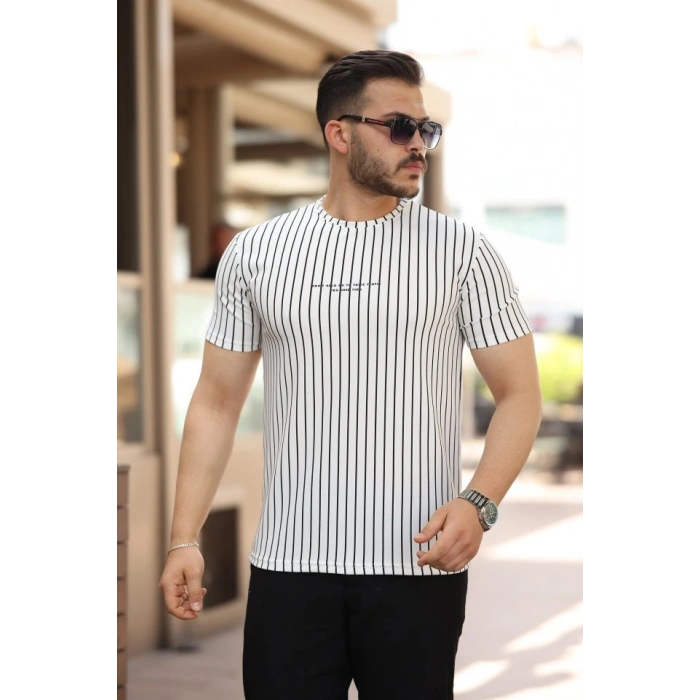Erkek Dikey çizgili Ottoman Kumaş Kısa Kollu Tshirt