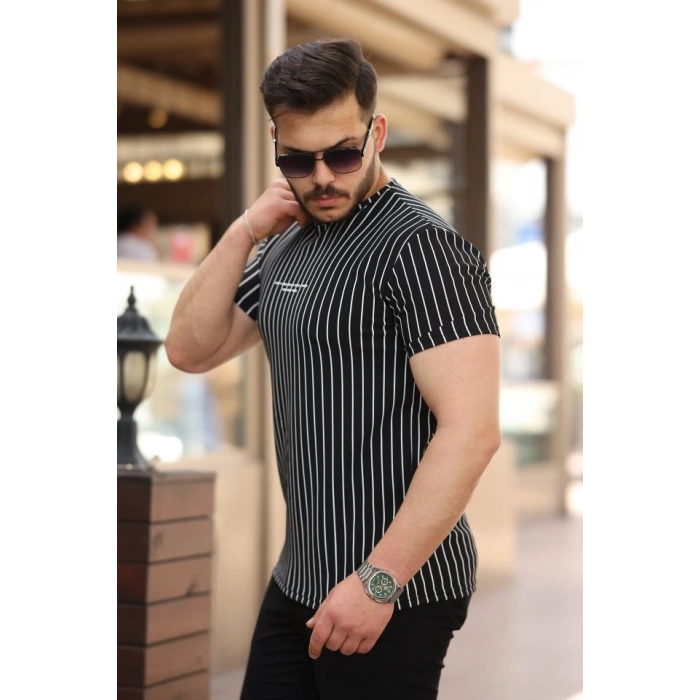 Erkek Dikey çizgili Ottoman Kumaş Kısa Kollu Tshirt