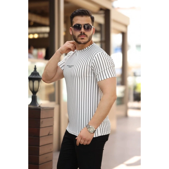 Erkek Dikey çizgili Ottoman Kumaş Kısa Kollu Tshirt