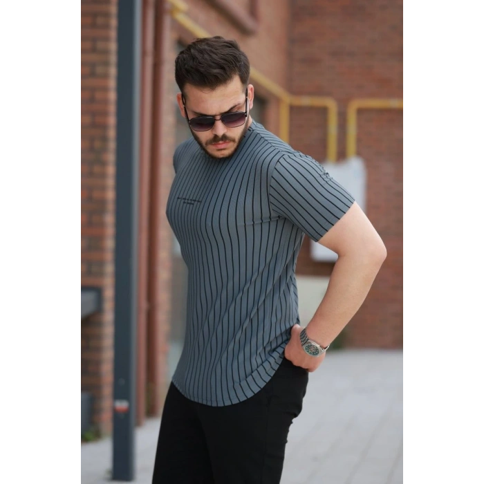 Erkek Dikey çizgili Ottoman Kumaş Kısa Kollu Tshirt