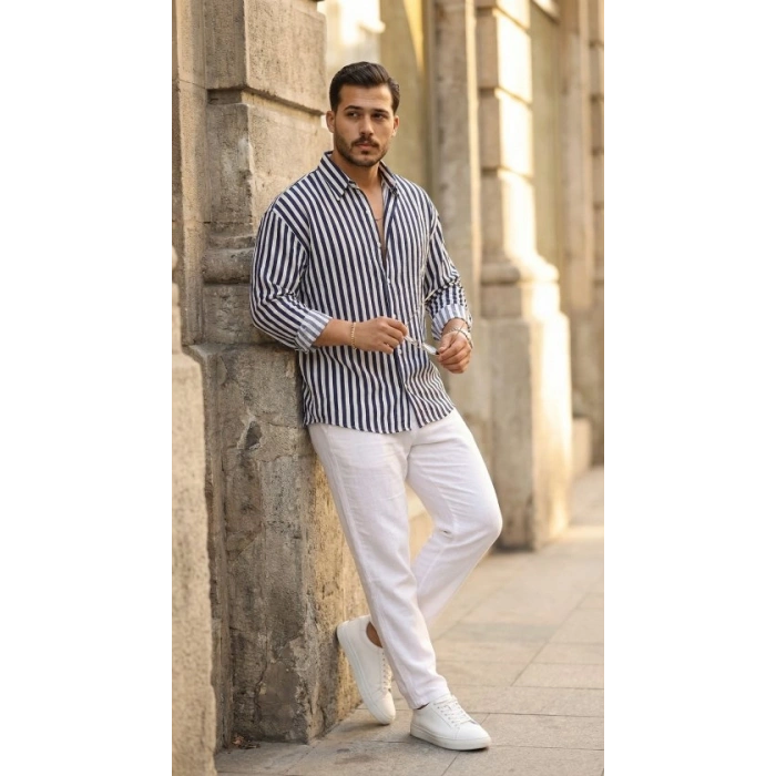 Erkek Dikey Çizgili Yarım Oversize Gömlek