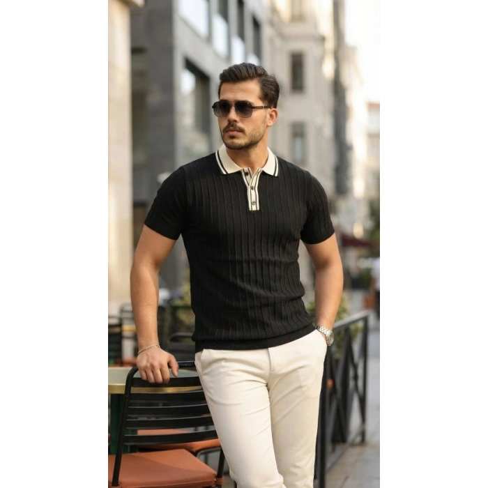 Erkek Düğme Yakalı Kontrast Yaka Triko Tişört