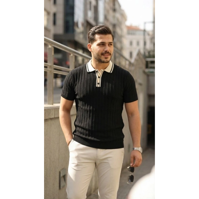 Erkek Düğme Yakalı Kontrast Yaka Triko Tişört