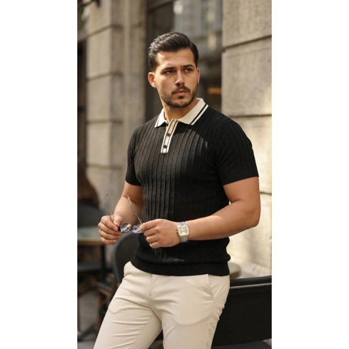 Erkek Düğme Yakalı Kontrast Yaka Triko Tişört