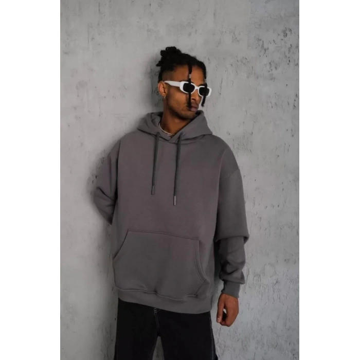 Erkek Düz Kapüşonlu Sweat  Gri