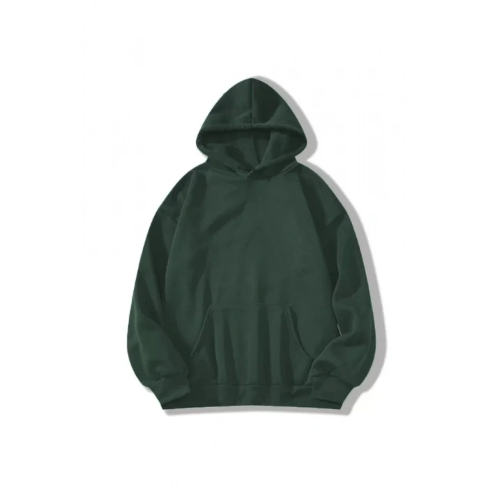 Erkek Düz Kapüşonlu Sweat  Koyu Yeşil