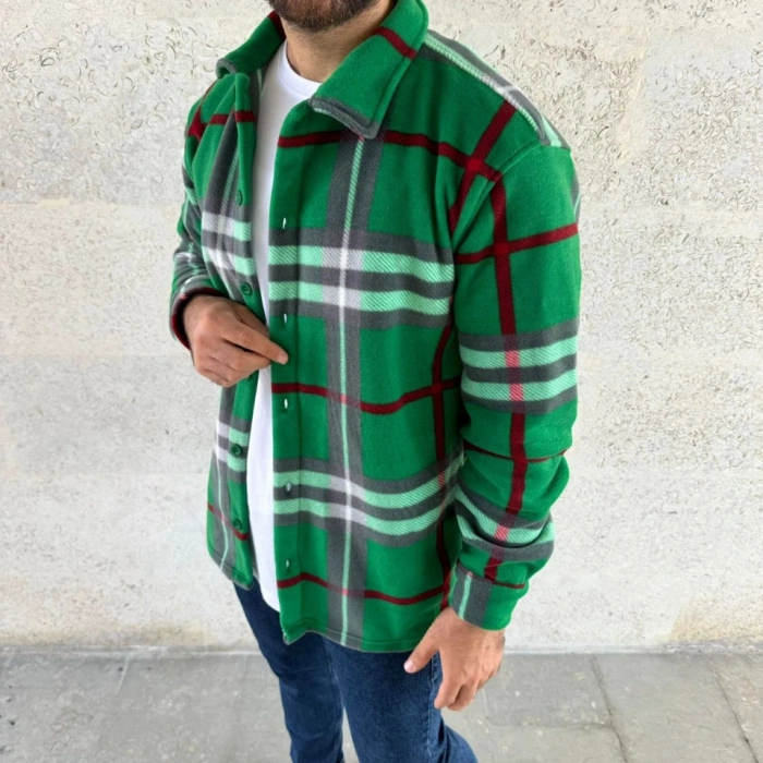 Erkek Ekose Desenli Düğmeli Polar Yakalı Uzun Kollu Gömlek Oversize Rahat Kalıp  Yeşil