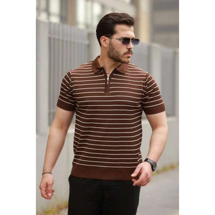 Erkek Fermuar Yakalı çizgili Kısa Kollu Tshirt