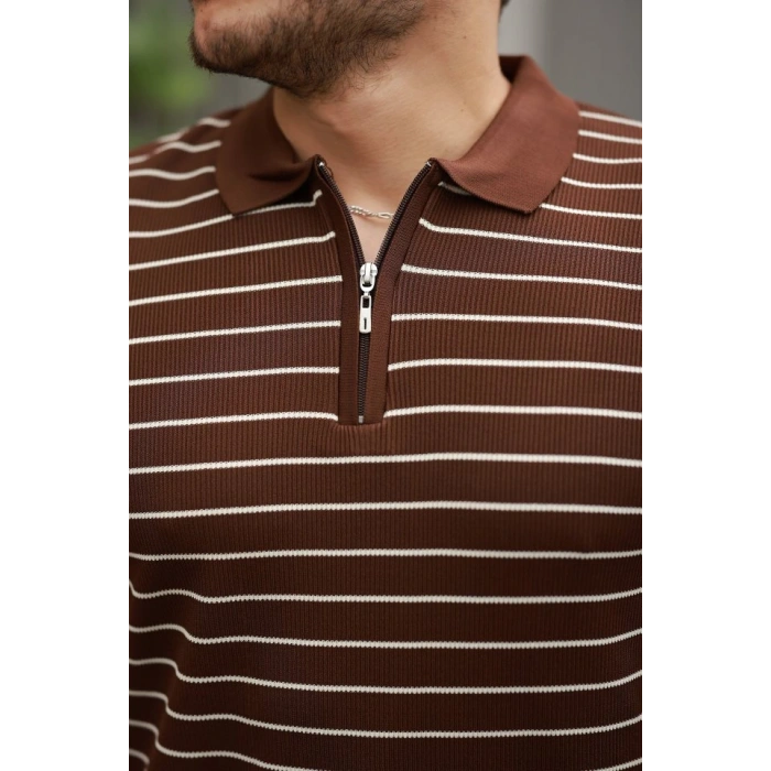 Erkek Fermuar Yakalı çizgili Kısa Kollu Tshirt