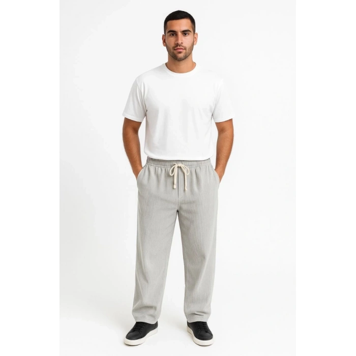 Erkek Fitilli Kadife Cepli Buggy Pantolon Oversize Rahat Kalıp  Gri