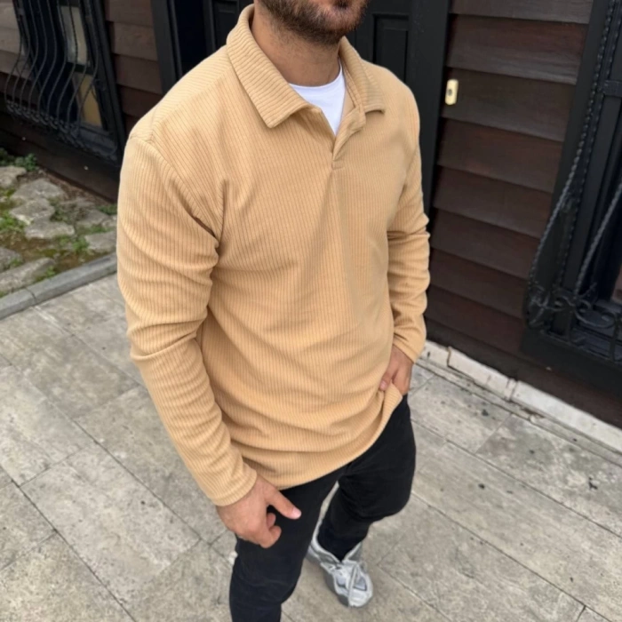 Erkek Fitilli Polar weatshirt – Düğmesiz Polo Yaka, Oversize Rahat Kalıp, Kalın Polar Kumaş, Kışlık Ve Baharlık Şık Günlük Üst  Bej
