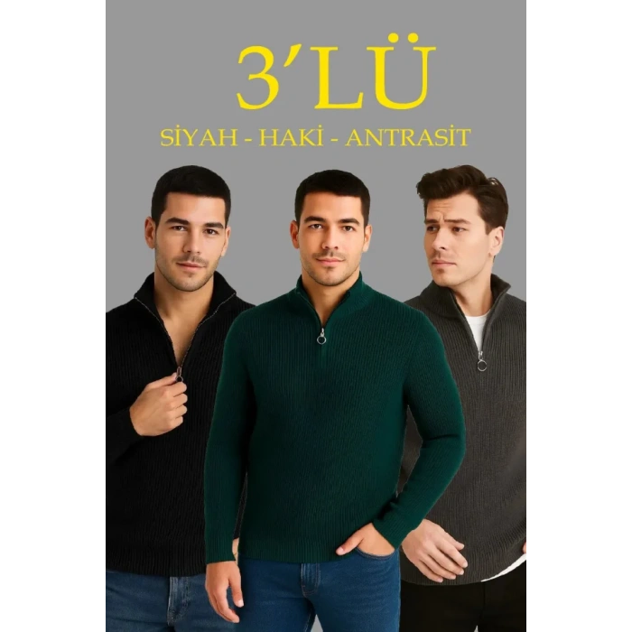 Erkek Fitilli Triko Kazak 3’lü et – Haki, iyah, Antrasit Kalın Dokuma Pamuklu Regular Fit V Yaka Fermuarlı Uzun Kollu Rahat Kışlık Kazak Kombini