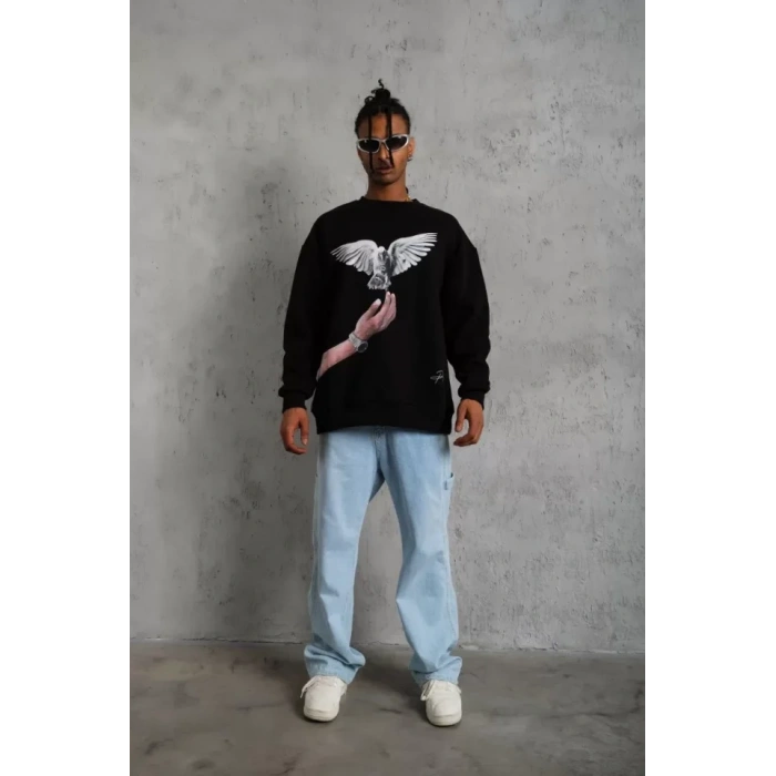 Erkek Güvercin Baskılı weatshirt  iyah
