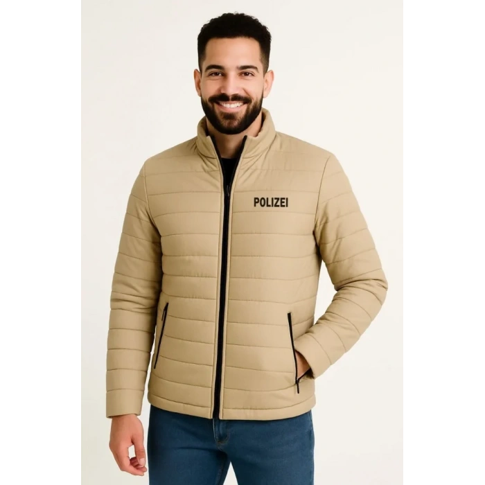 Erkek ikro u İtici Kapitone Baskılı Astarlı Fermuarlı Bomber ont  Bej