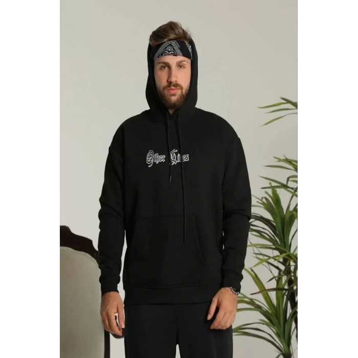 Erkek ırt Baskılı Oversize Üç İplik Kapüşonlu weatshirt  iyah