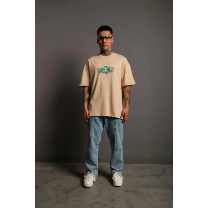 Erkek ırt Baskılı Tshirt  Bej