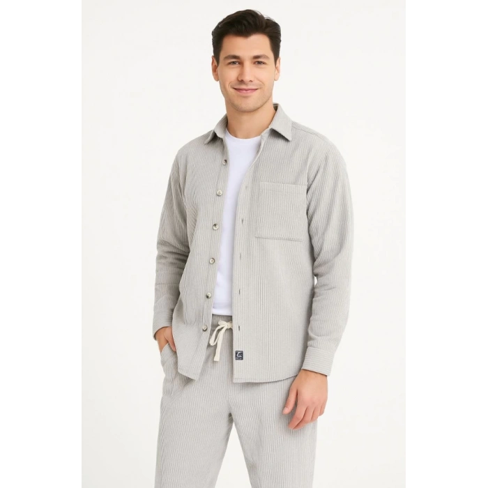 Erkek Kadife Oversize Takım – Gömlek Ve Pantolon İkili et Füme Corduroy Şıklığı, Rahat Ve Zarif Duruş Yumuşak Dokulu Kadife Kumaş, Düğmeli Gömlek Üst Ve astikli Pantolon Alt Parça Ile Gün Boyu Konfor Gri