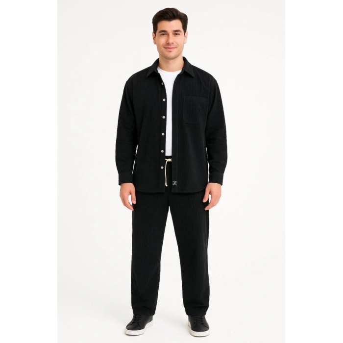 Erkek Kadife Oversize Takım – Gömlek Ve Pantolon İkili et Füme Corduroy Şıklığı, Rahat Ve Zarif Duruş Yumuşak Dokulu Kadife Kumaş, Düğmeli Gömlek Üst Ve astikli Pantolon Alt Parça Ile Gün Boyu Konfor iyah